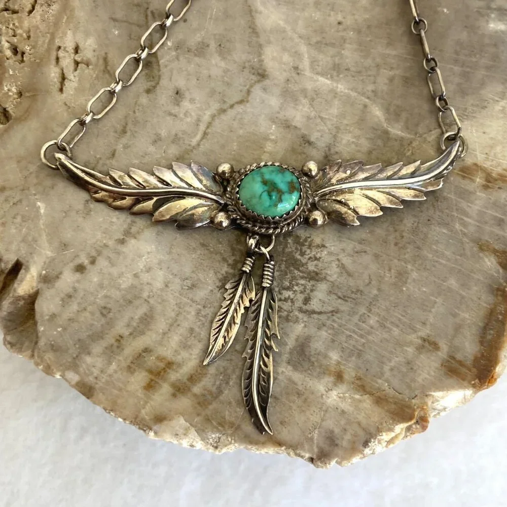 VTG Sterling Silver 925 H. Spencer Navajo Turquoise Leaf Feather Necklace 20.5
